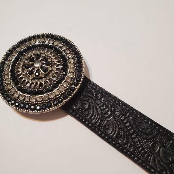 Perry Ellis Genuine Leather Tooled Black Bling Belt - Picture 4 of 11